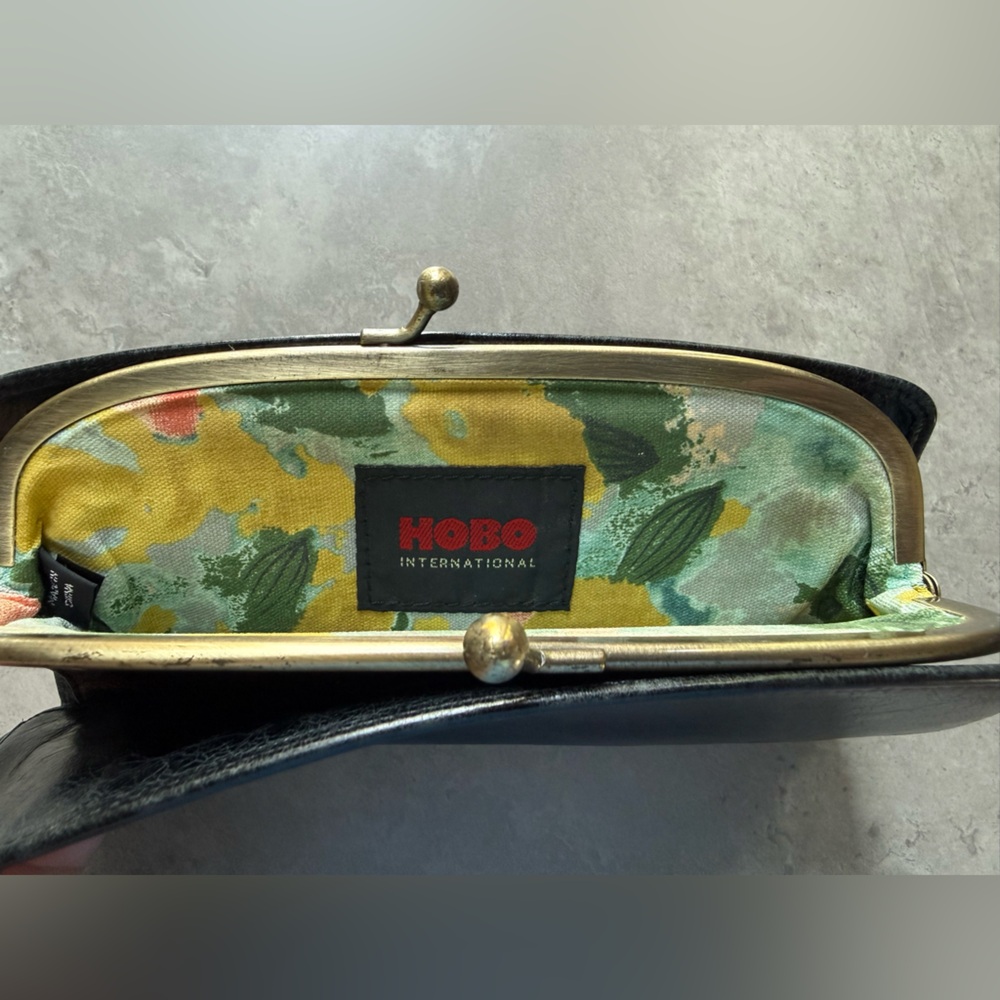 HOBO Black Leather Kiss-Lock Clutch with Floral Lining